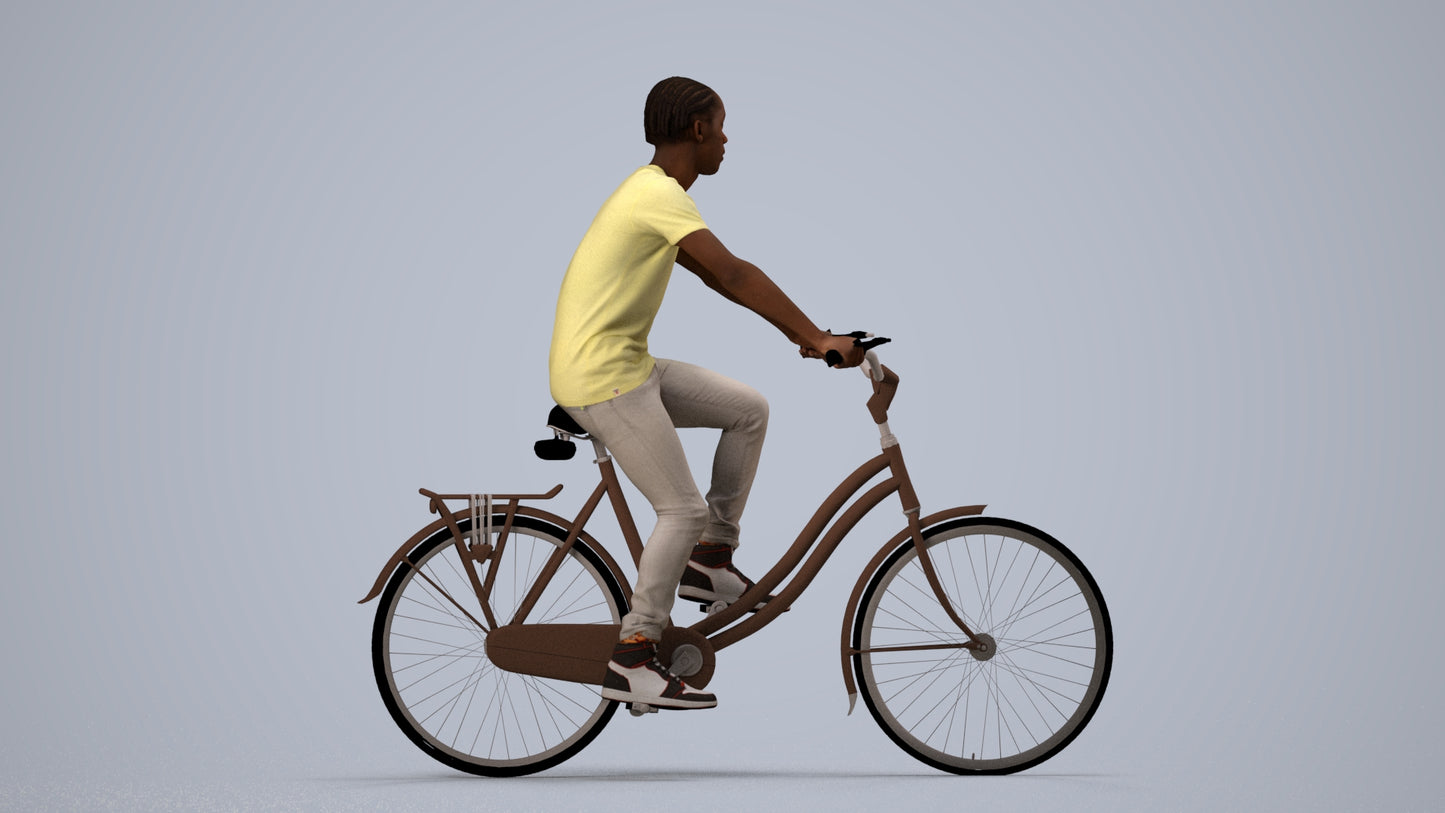 realistic 3D boy casual cycling, scanned archviz people for Blender and 3ds Max, side view render