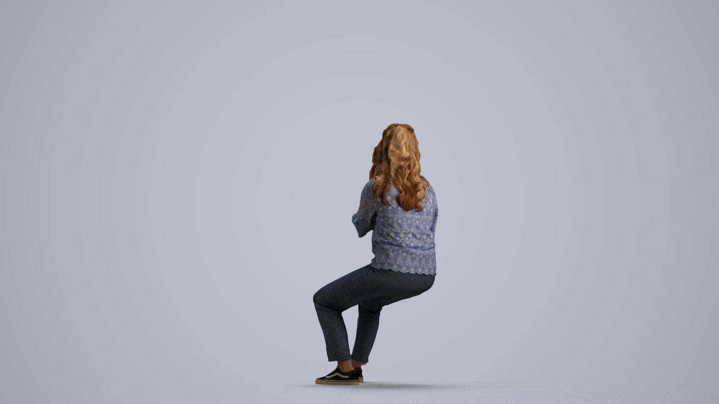 3D people model woman casual sitting, scanned human for 3ds Max rendering, front view render