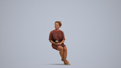 3D human model woman casual sitting, photogrammetry scanned person for archviz, standing pose render