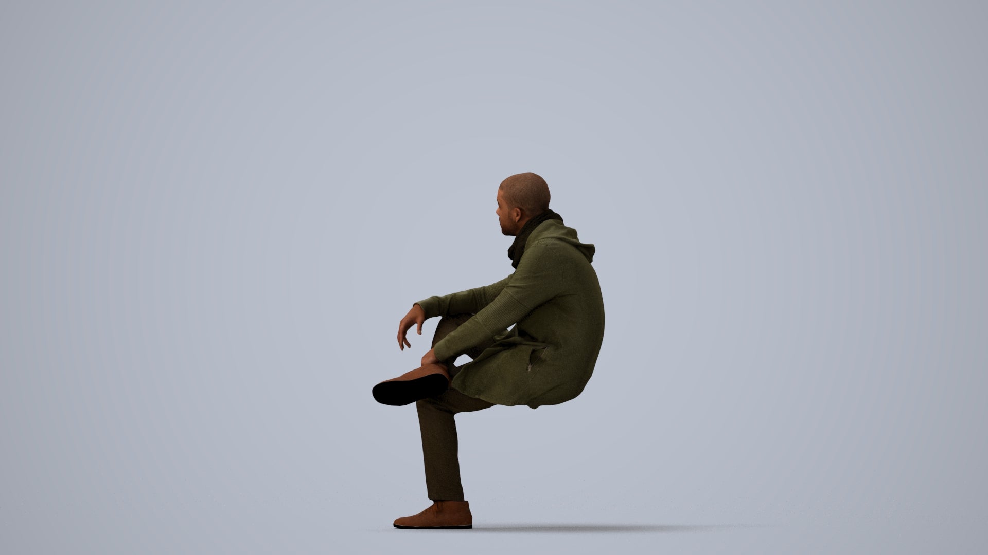 3D people model man casual sitting, scanned human for 3ds Max rendering, three-quarter view render