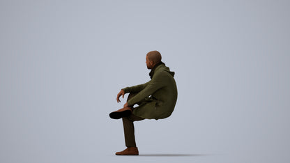 3D people model man casual sitting, scanned human for 3ds Max rendering, three-quarter view render