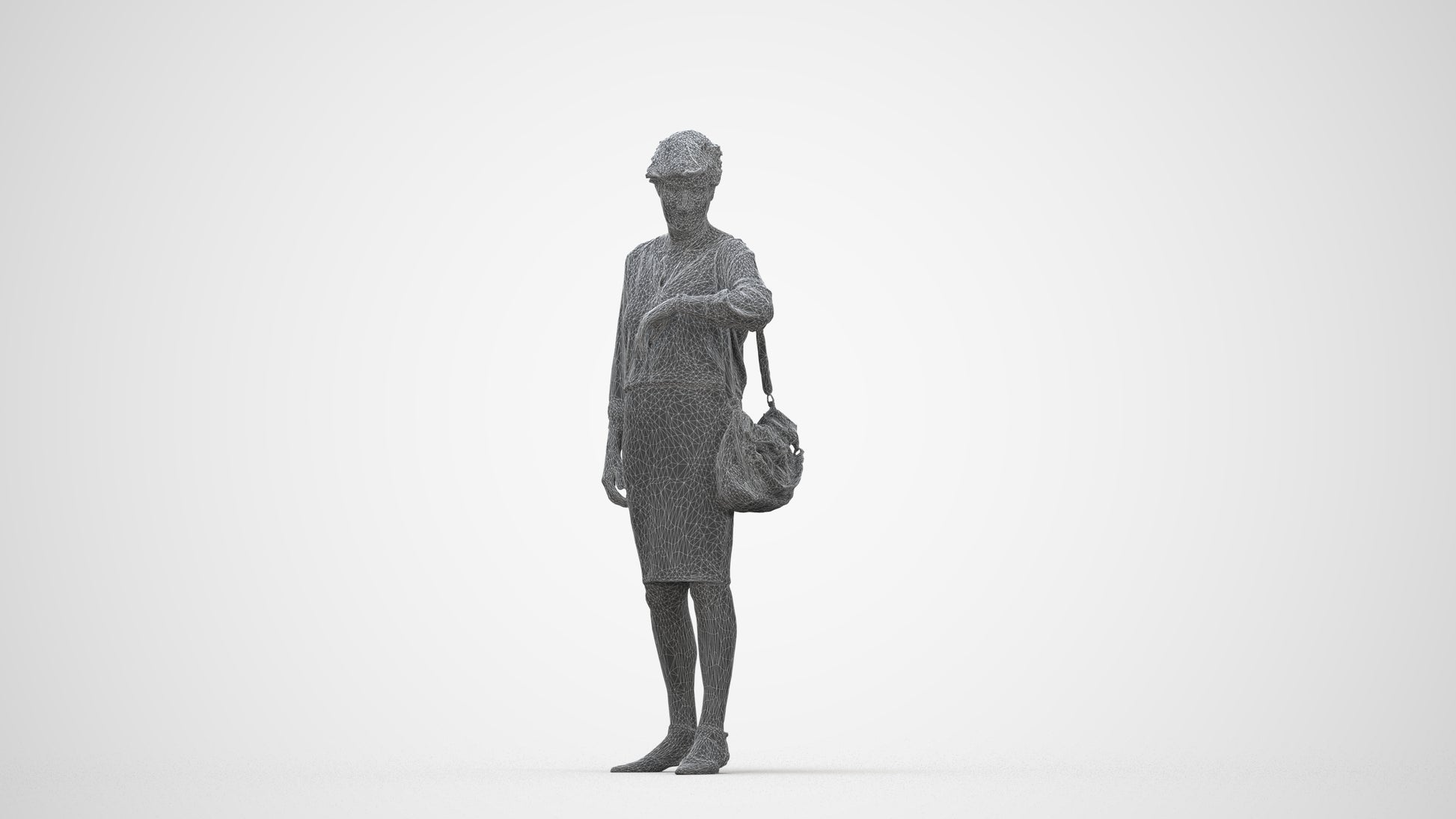 3D scanned senior woman standing business, photorealistic archviz people for Enscape and SketchUp, wireframe back view