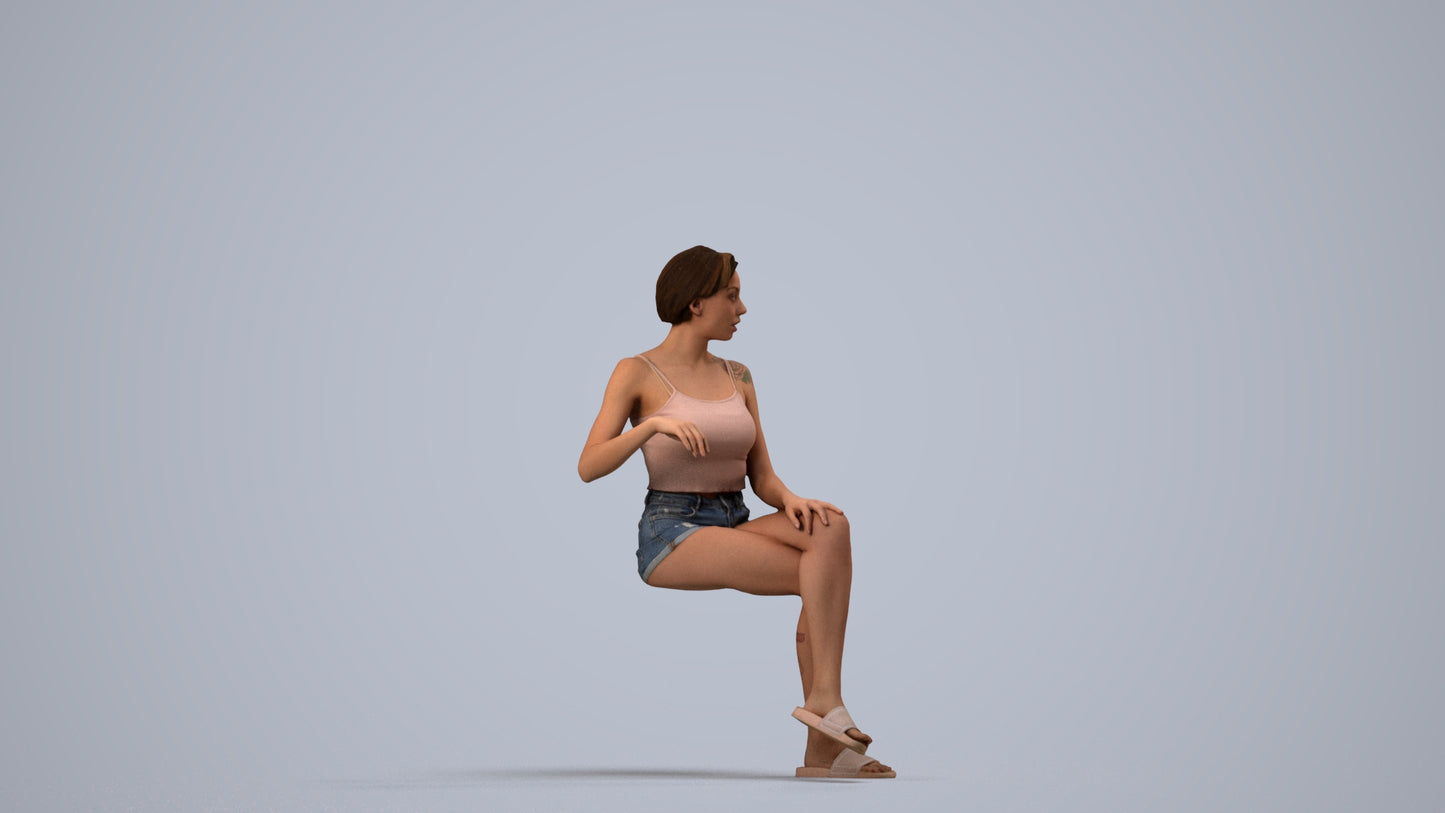 3D human model woman casual sitting, photogrammetry scanned person for archviz, side view render