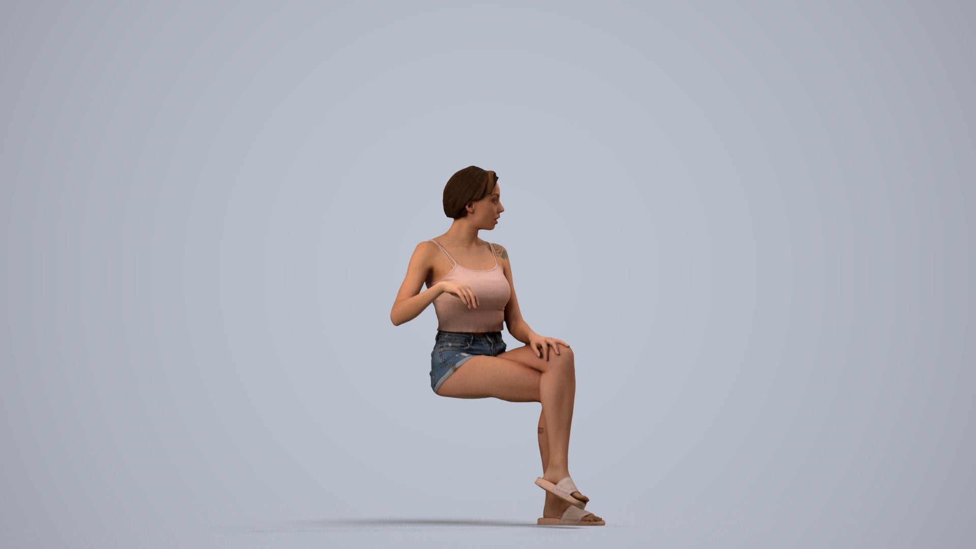 3D human model woman casual sitting, photogrammetry scanned person for archviz, side view render