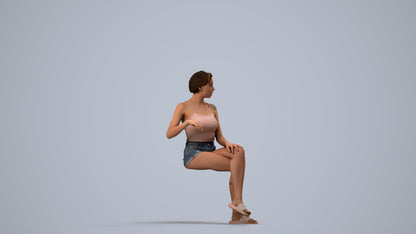 3D human model woman casual sitting, photogrammetry scanned person for archviz, side view render