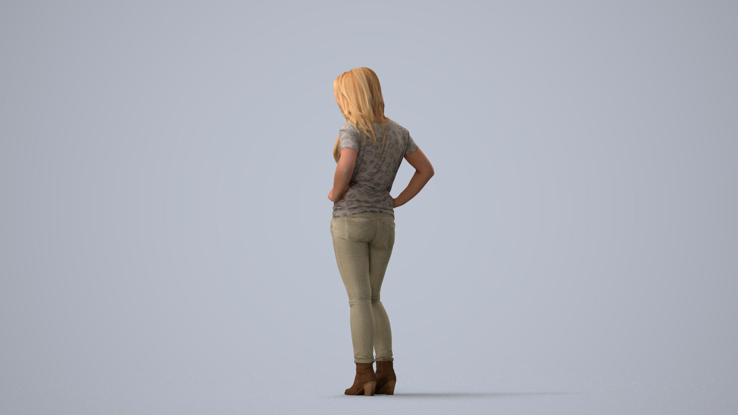 realistic 3D human woman casual standing, archviz people FBX OBJ for Blender, three-quarter view render