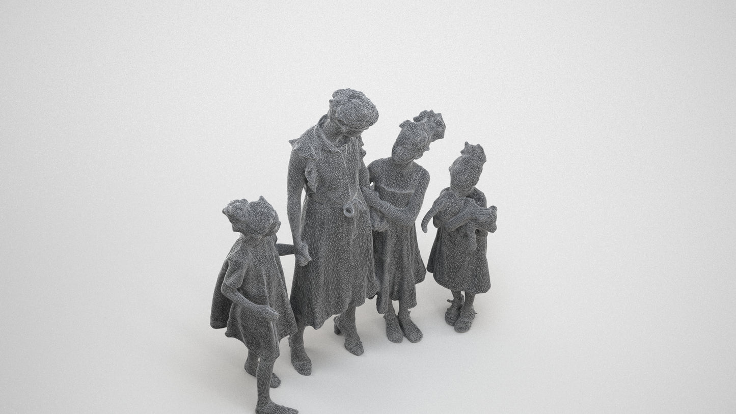 scanned 3D girl casual kids, photogrammetry people for Enscape and V-Ray, wireframe three-quarter view