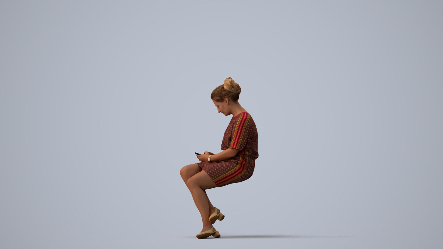 realistic 3D woman casual sitting, scanned archviz people for Blender and 3ds Max, three-quarter view render