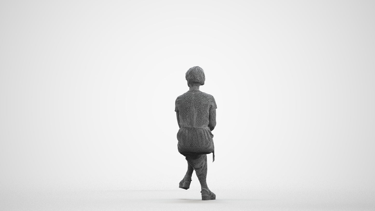 realistic 3D senior woman casual sitting, scanned archviz people for Blender and 3ds Max, wireframe front view