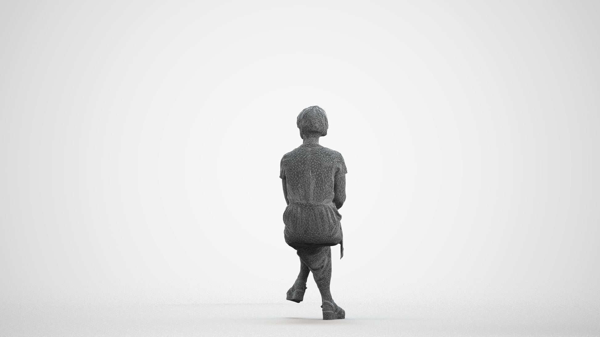 realistic 3D senior woman casual sitting, scanned archviz people for Blender and 3ds Max, wireframe front view