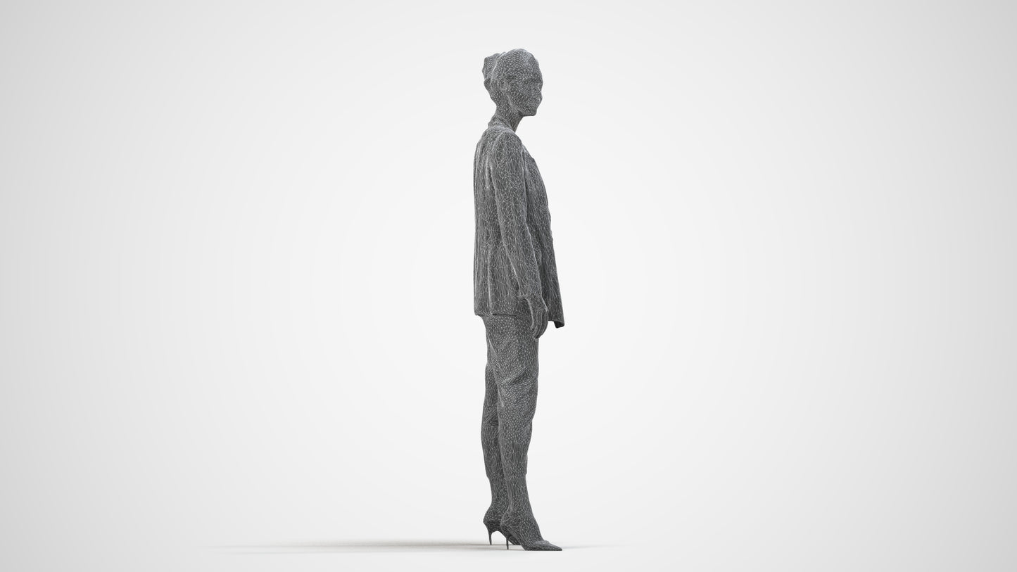 realistic 3D people woman business standing, render-ready for V-Ray and Corona, FBX OBJ, wireframe side view