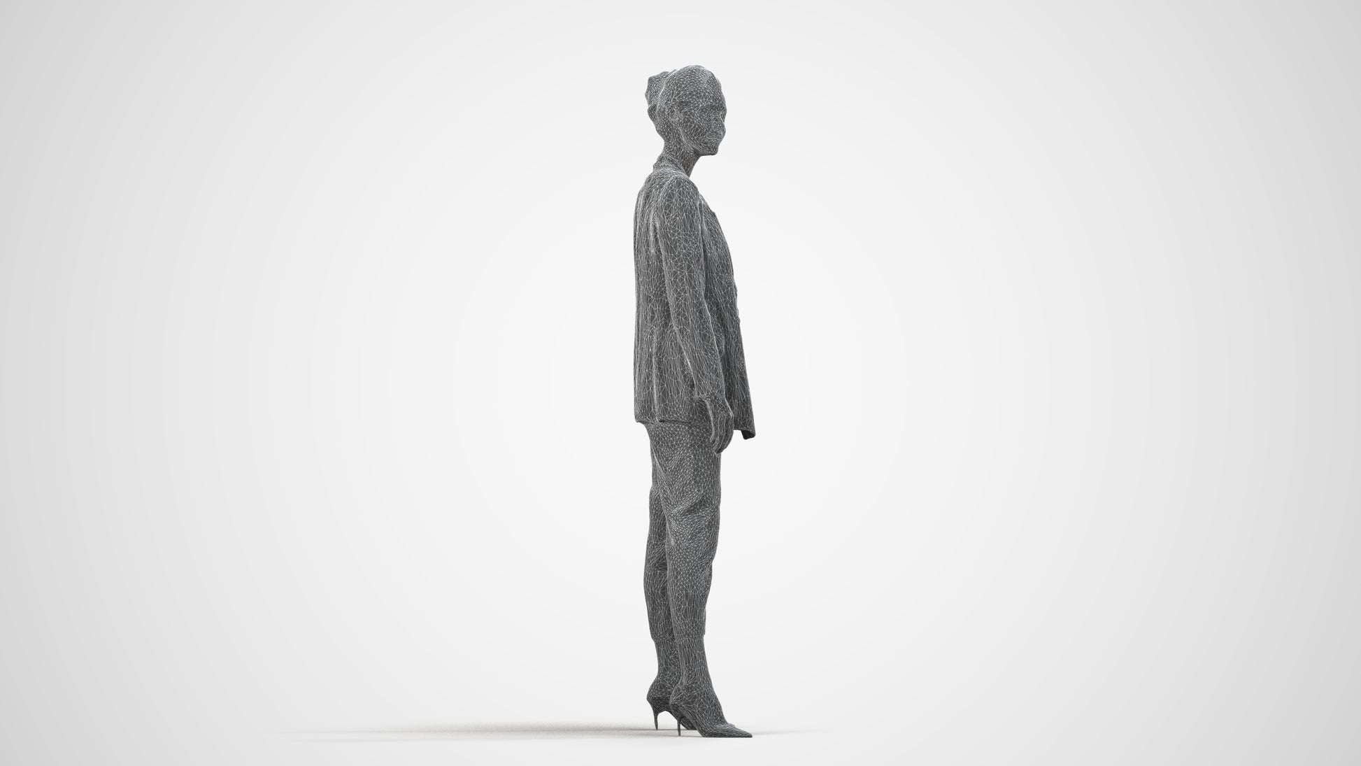 realistic 3D people woman business standing, render-ready for V-Ray and Corona, FBX OBJ, wireframe side view