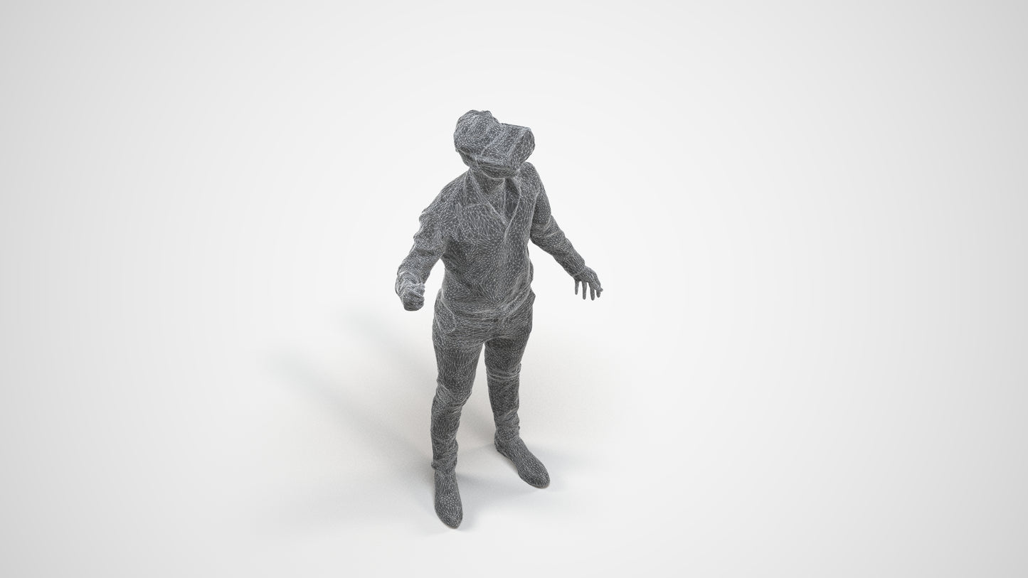 photogrammetry 3D man business standing, realistic human model archviz FBX, wireframe three-quarter view