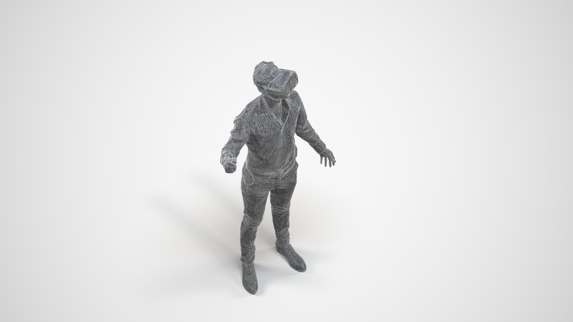 photogrammetry 3D man business standing, realistic human model archviz FBX, wireframe three-quarter view