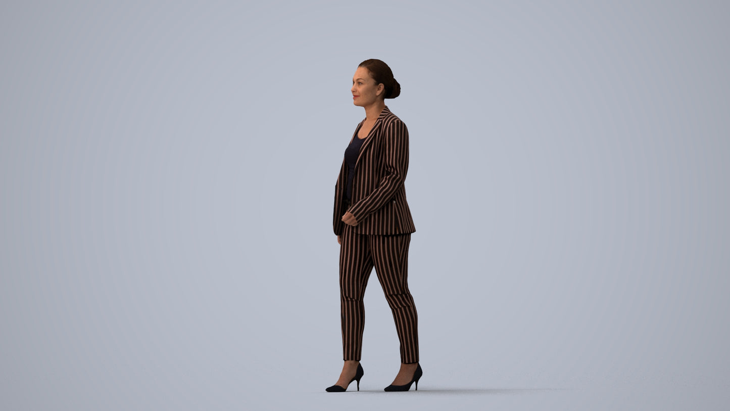 3D human model woman business walking, photogrammetry scanned person for archviz, three-quarter view render