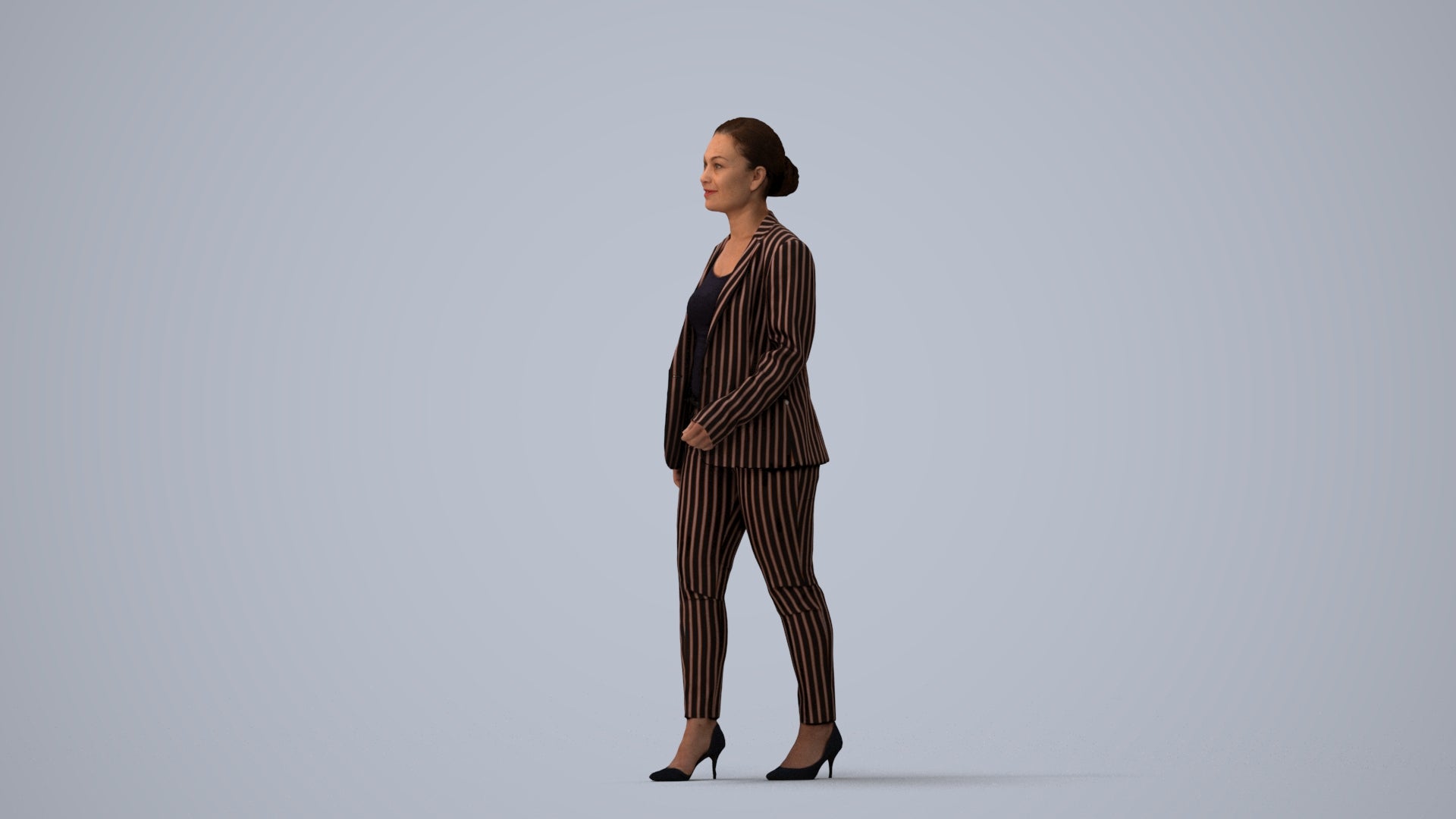 3D human model woman business walking, photogrammetry scanned person for archviz, three-quarter view render