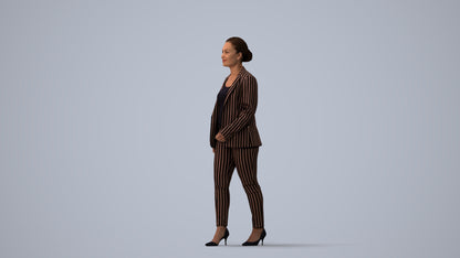 3D human model woman business walking, photogrammetry scanned person for archviz, three-quarter view render
