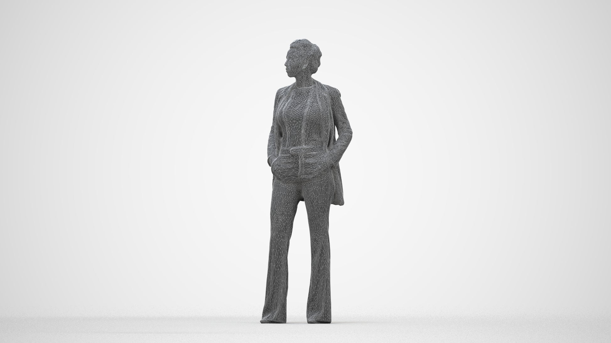3D people model woman business standing, scanned human for 3ds Max rendering, wireframe back view