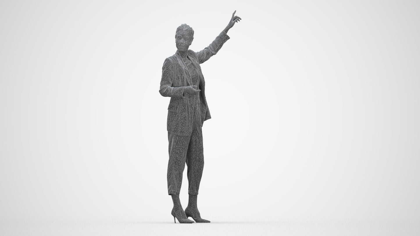 3D human model woman business, photogrammetry scanned person for archviz, wireframe back view