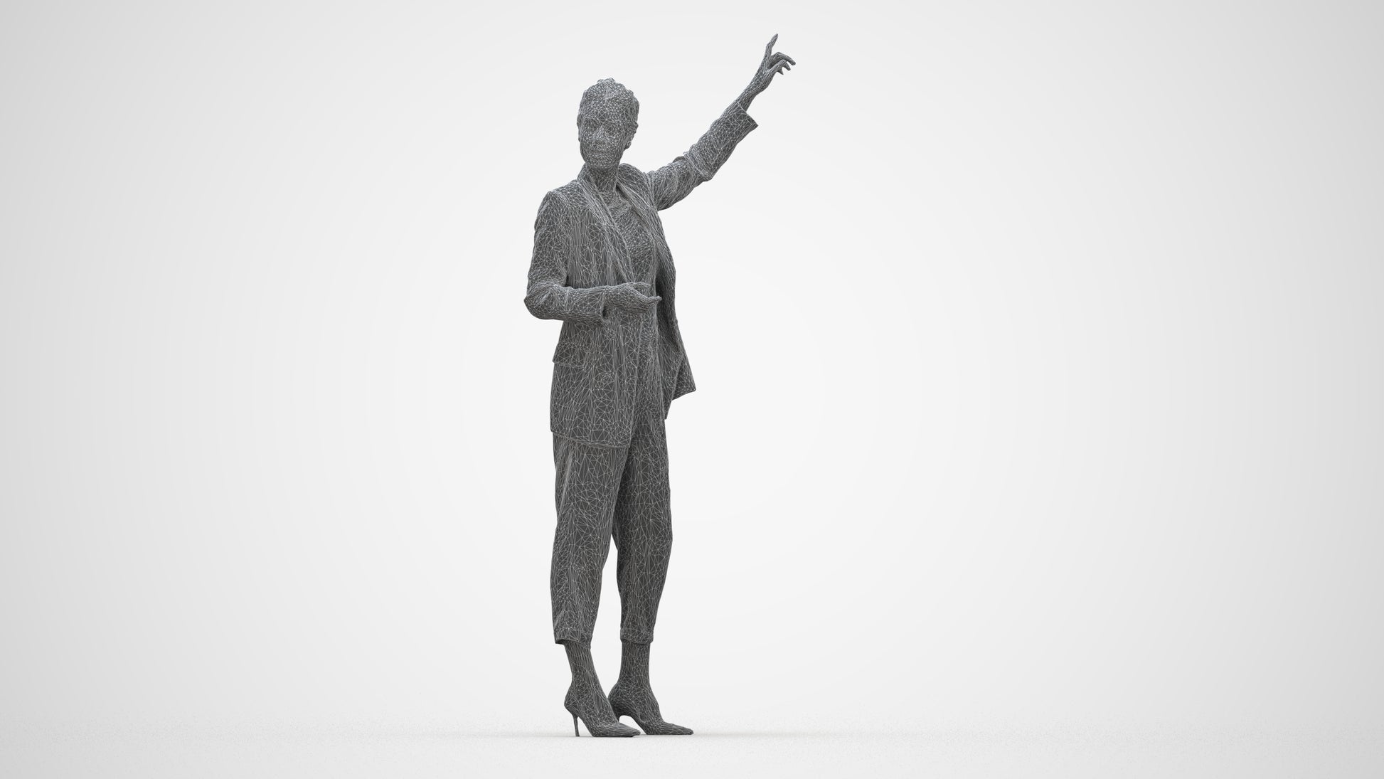 3D human model woman business, photogrammetry scanned person for archviz, wireframe back view