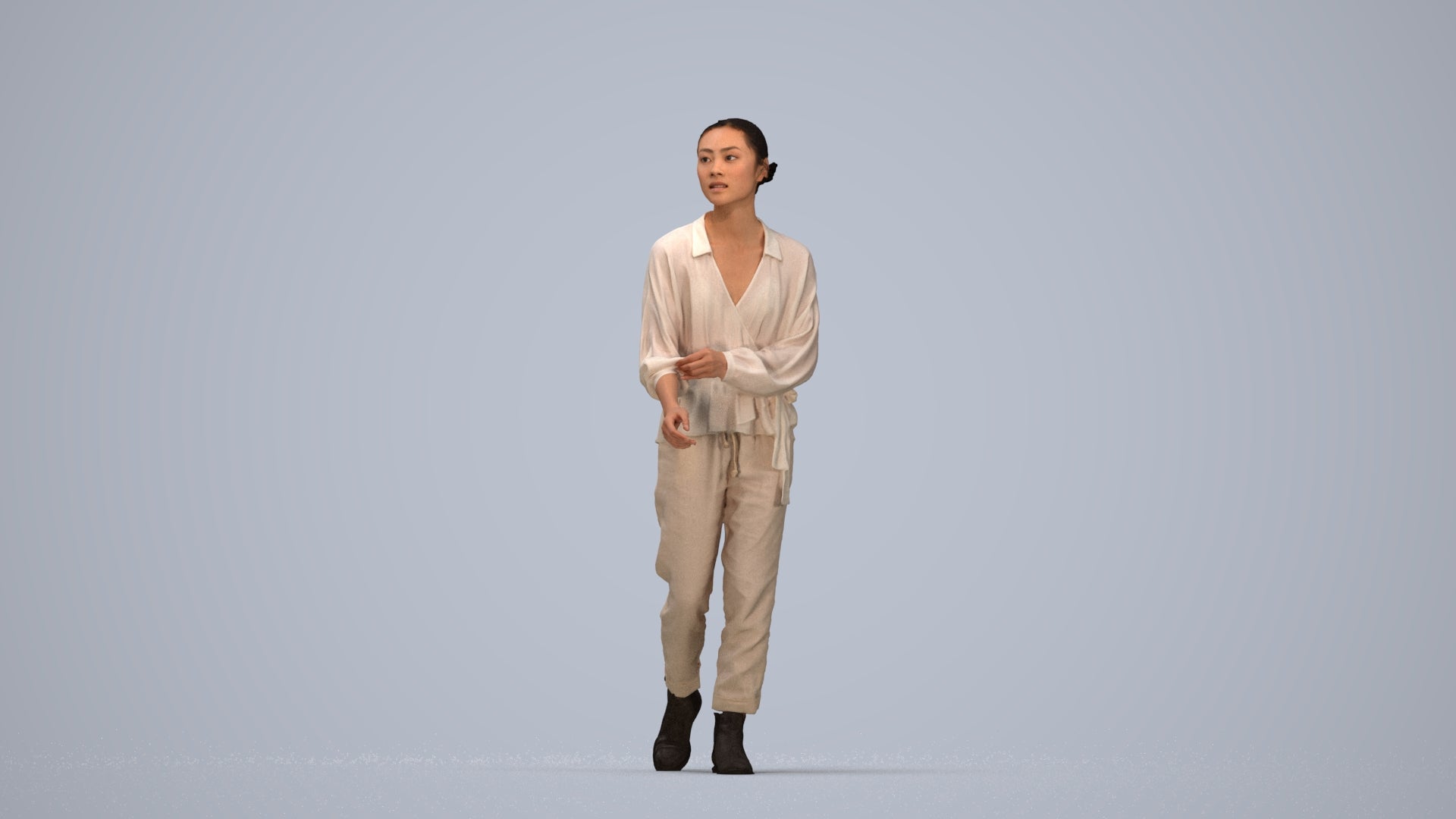 realistic 3D human woman casual walking, archviz people FBX OBJ for Blender, top-down view render