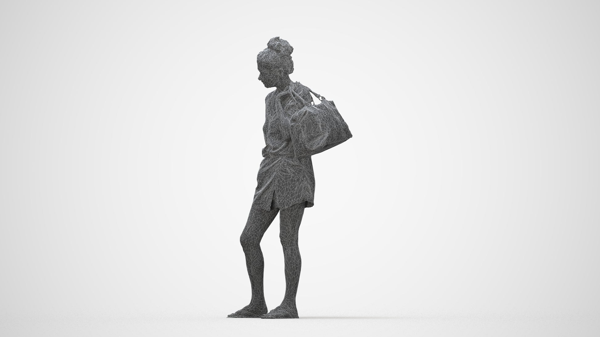 3D people model woman casual standing, scanned human for 3ds Max rendering, wireframe back view