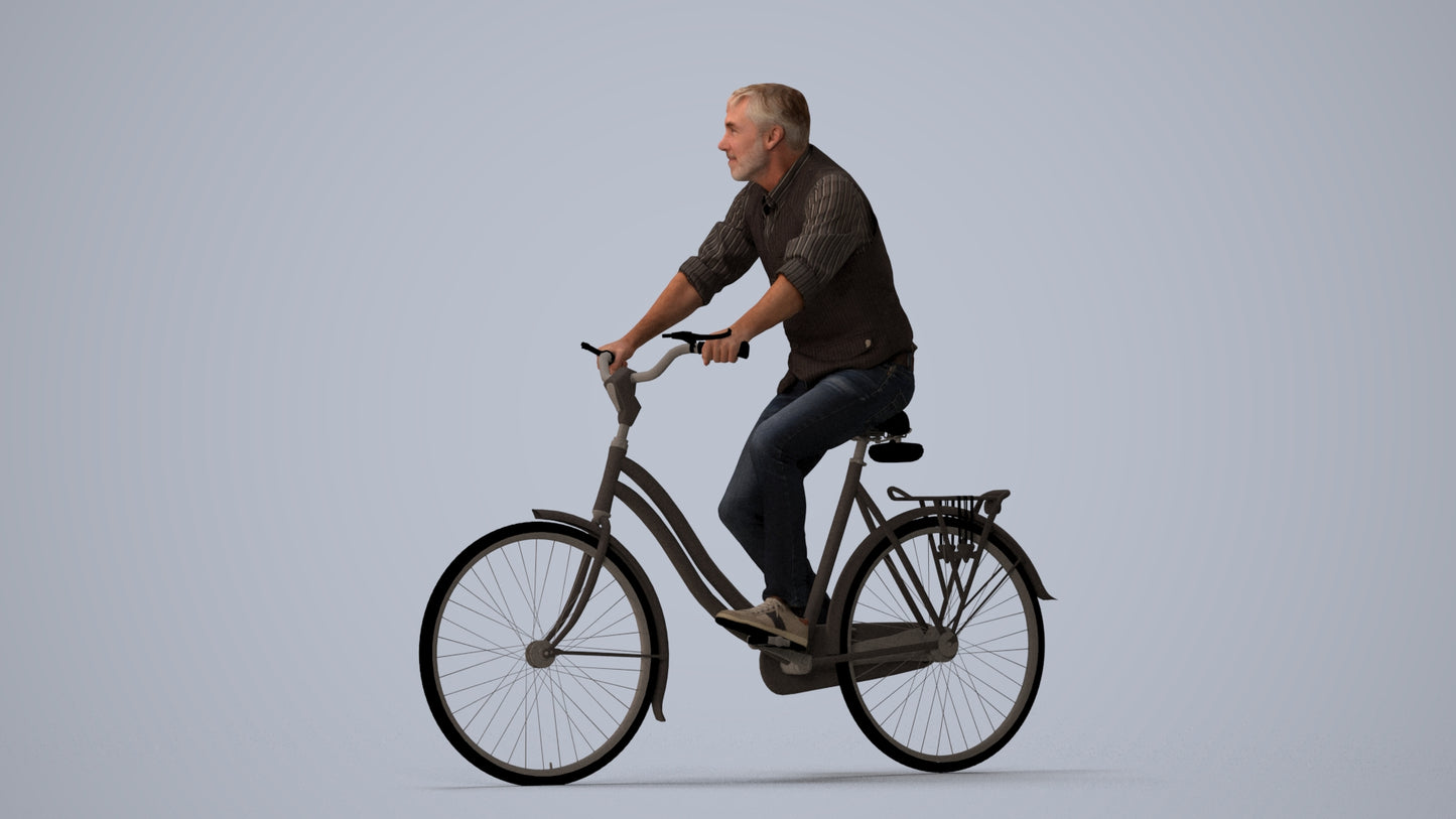 3D scanned man cycling casual, photorealistic archviz people for Enscape and SketchUp, three-quarter view render