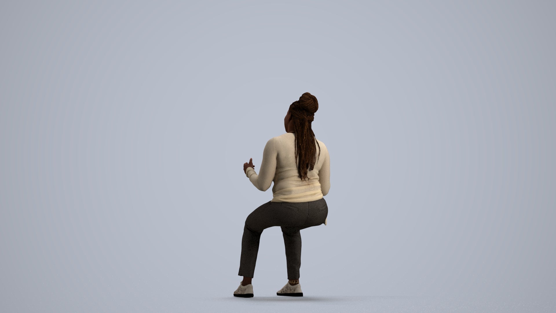3D human model woman casual sitting, photogrammetry scanned person for archviz, front view render