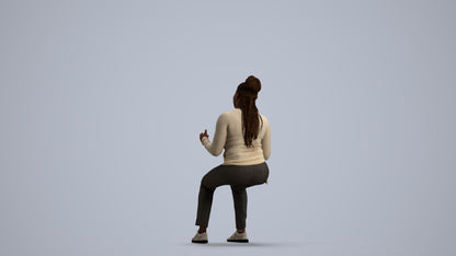 3D human model woman casual sitting, photogrammetry scanned person for archviz, front view render