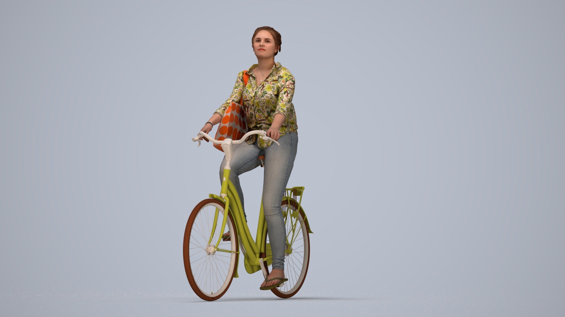 realistic 3D people woman casual cycling, render-ready for V-Ray and Corona, FBX OBJ, top-down view render