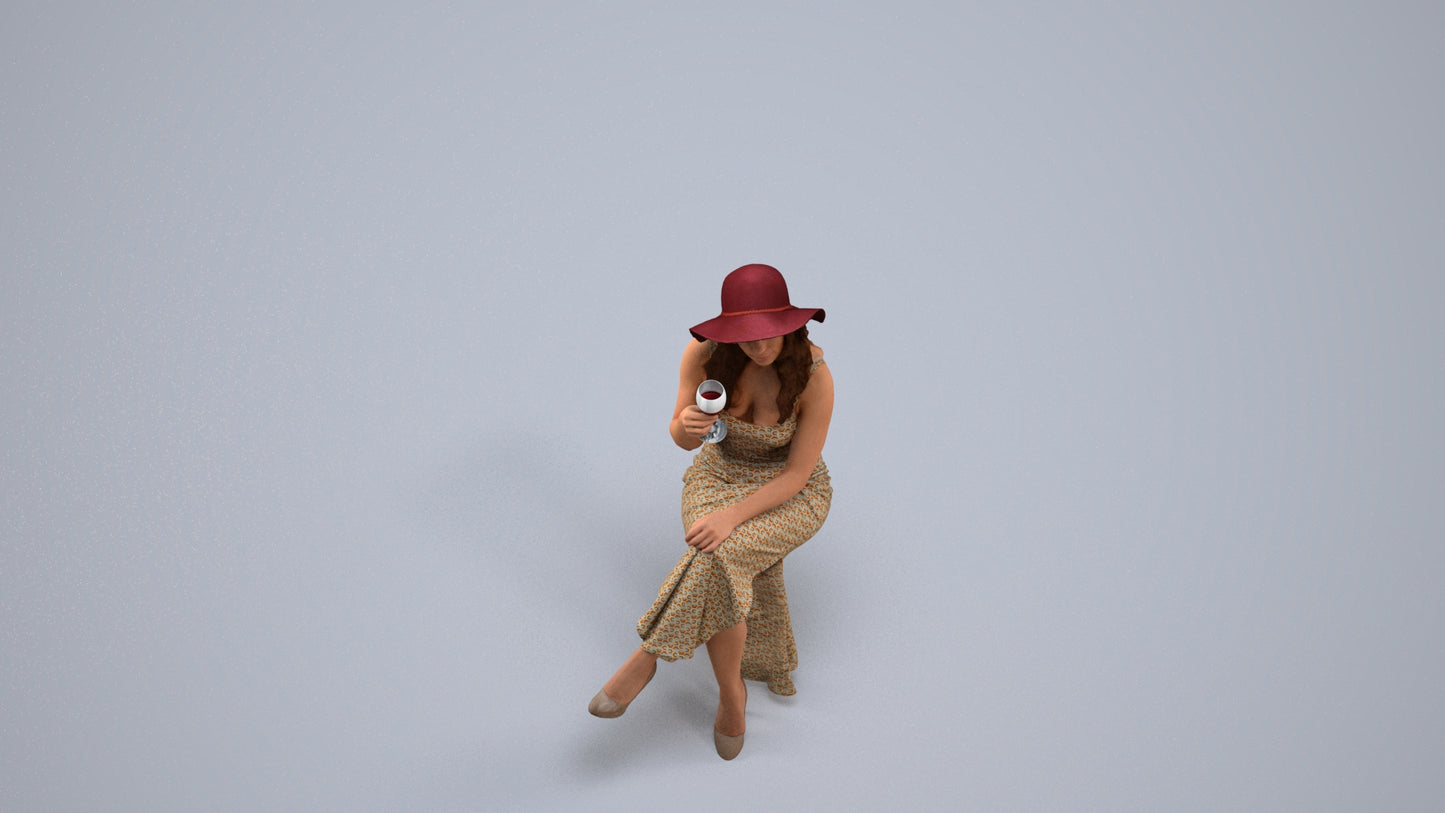 3D human model woman casual sitting, photogrammetry scanned person for archviz, back view render