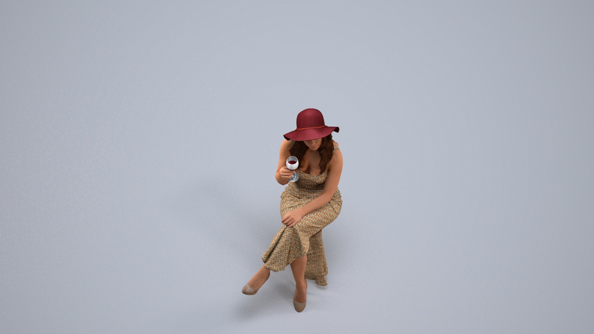 3D human model woman casual sitting, photogrammetry scanned person for archviz, back view render