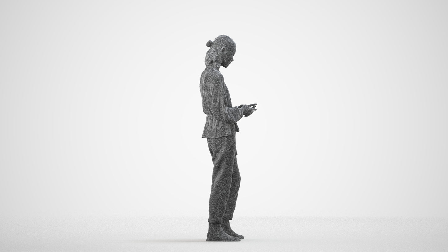 realistic 3D woman casual standing, scanned archviz people for Blender and 3ds Max, wireframe side view