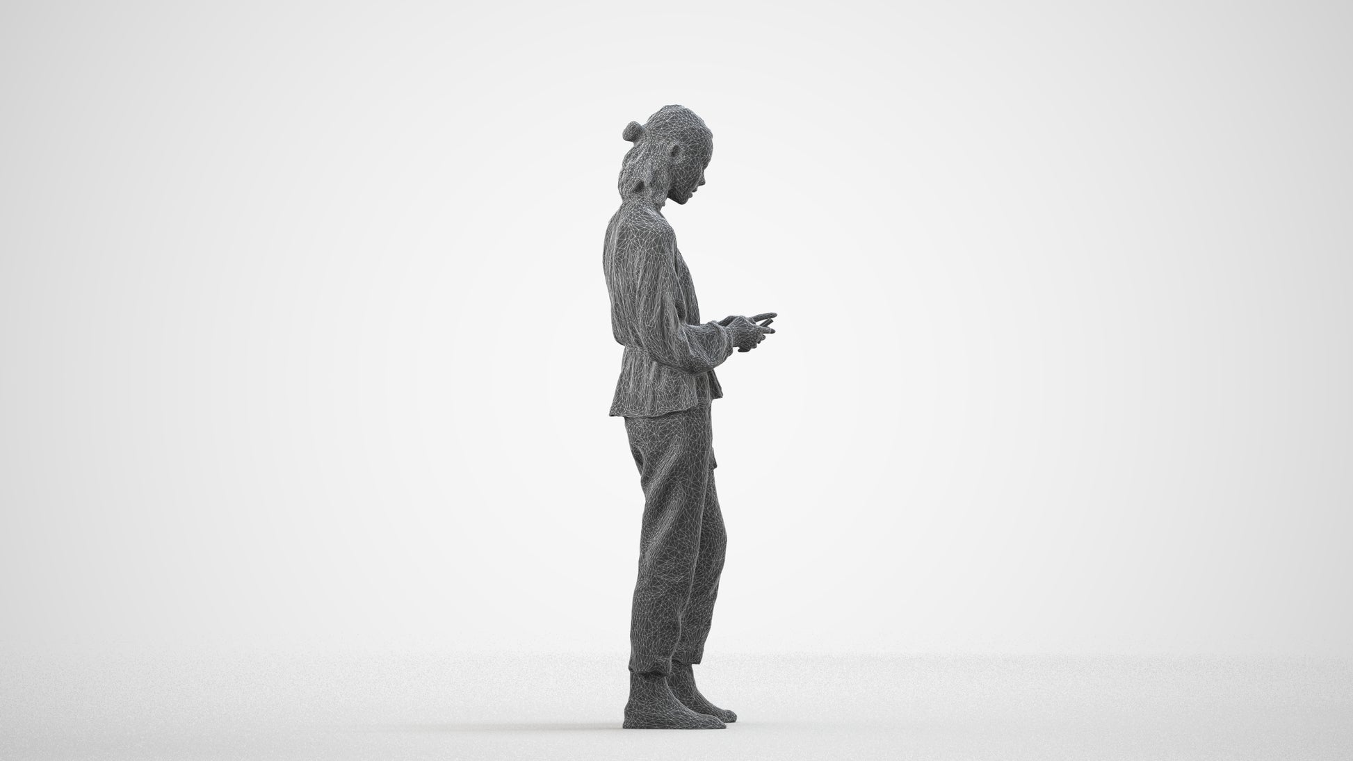realistic 3D woman casual standing, scanned archviz people for Blender and 3ds Max, wireframe side view