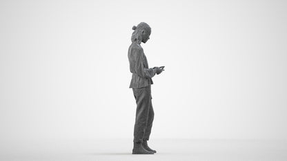 realistic 3D woman casual standing, scanned archviz people for Blender and 3ds Max, wireframe side view