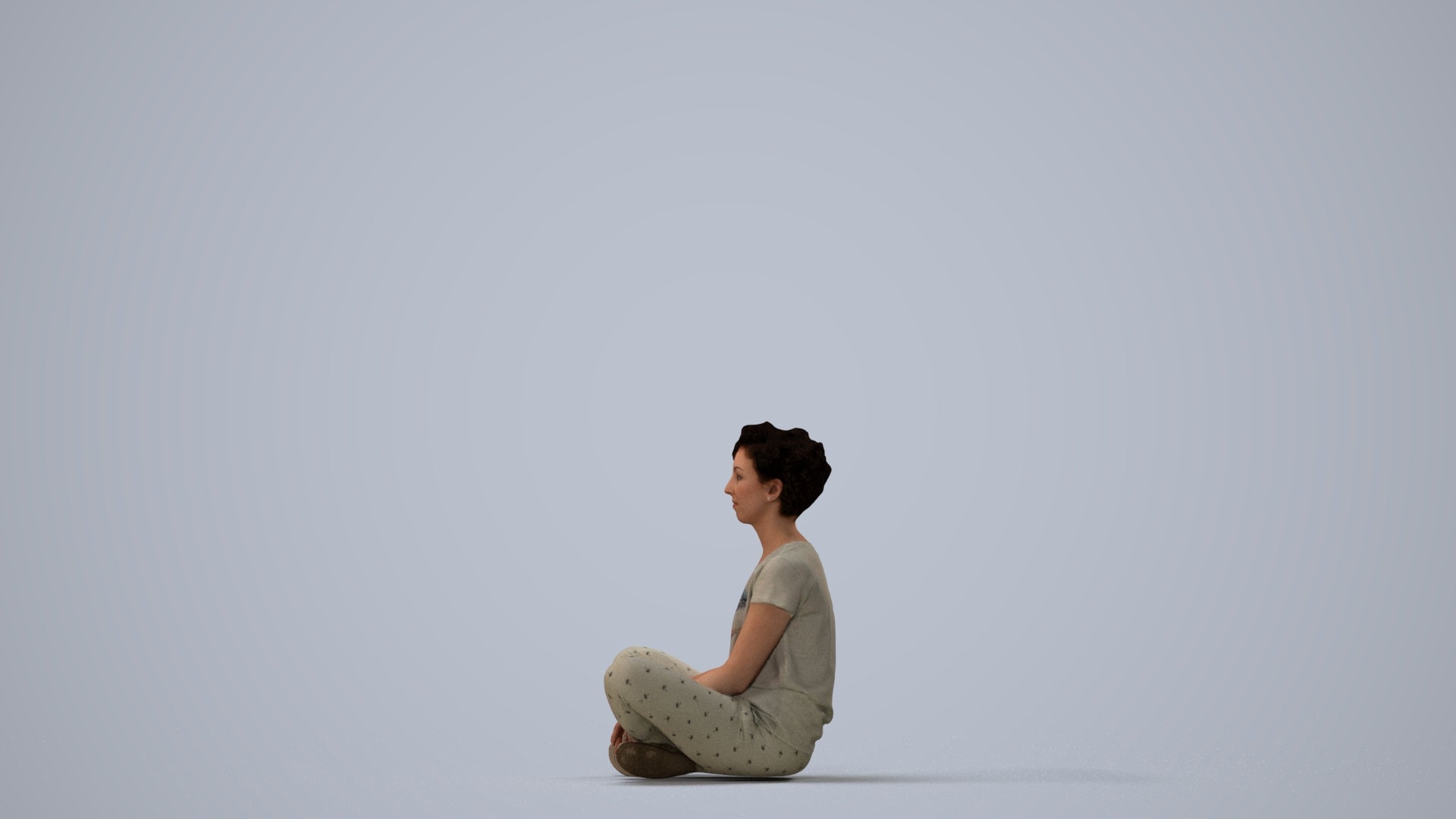 realistic 3D woman sitting, scanned archviz people for Blender and 3ds Max, three-quarter view render