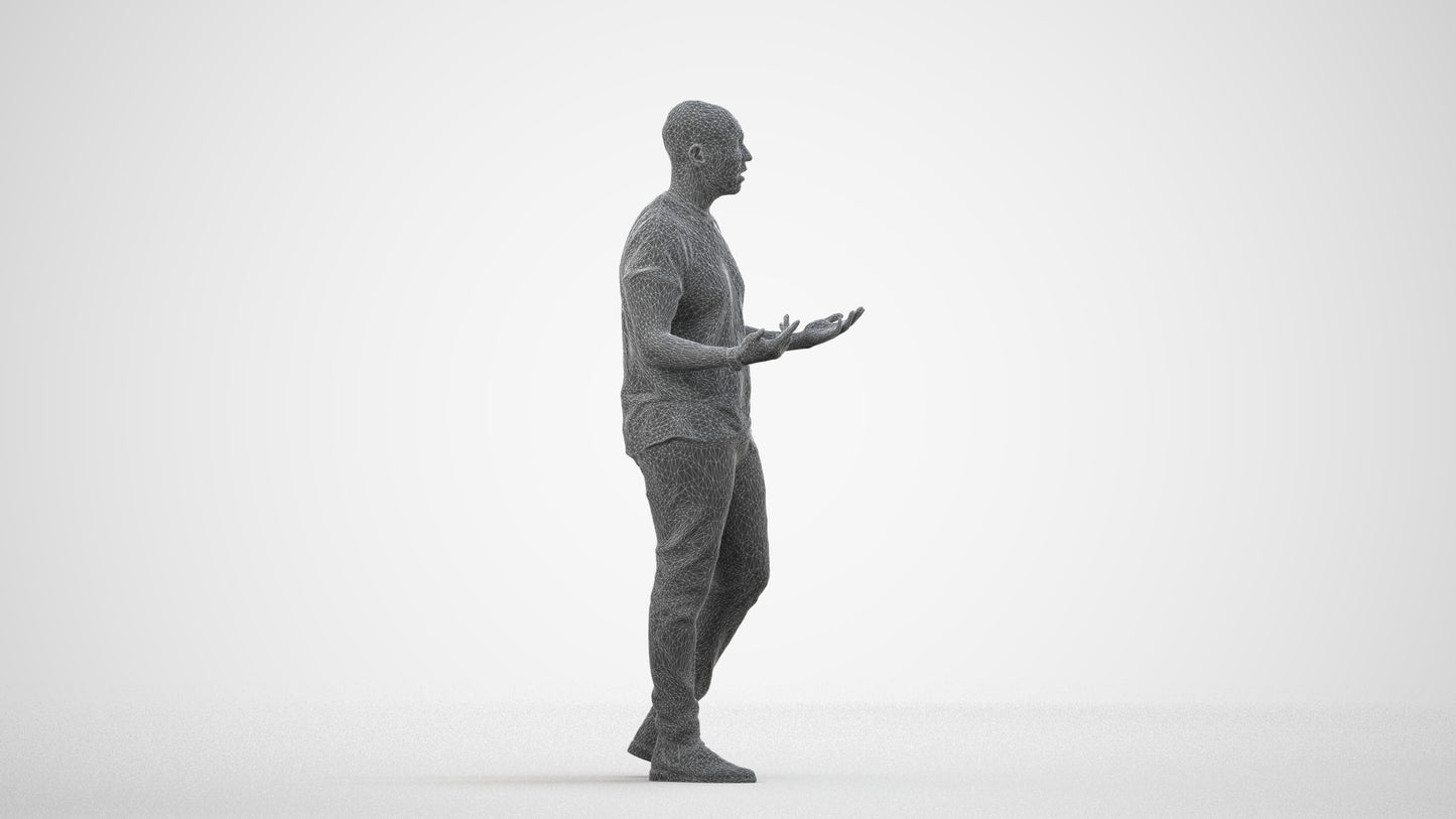 photogrammetry 3D man casual standing, realistic human model archviz FBX, wireframe side view