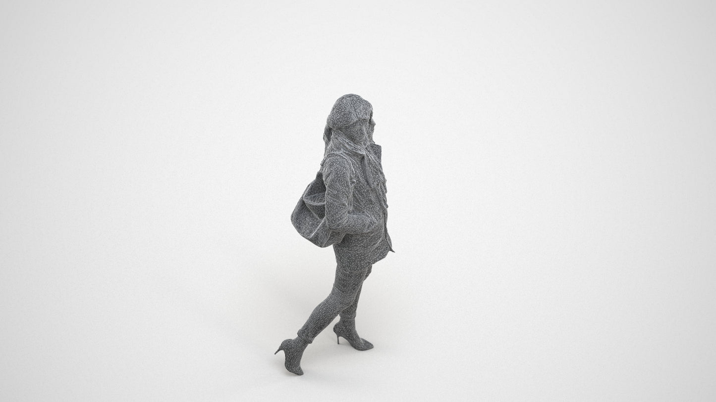 3D people model woman casual walking, scanned human for 3ds Max rendering, wireframe three-quarter view