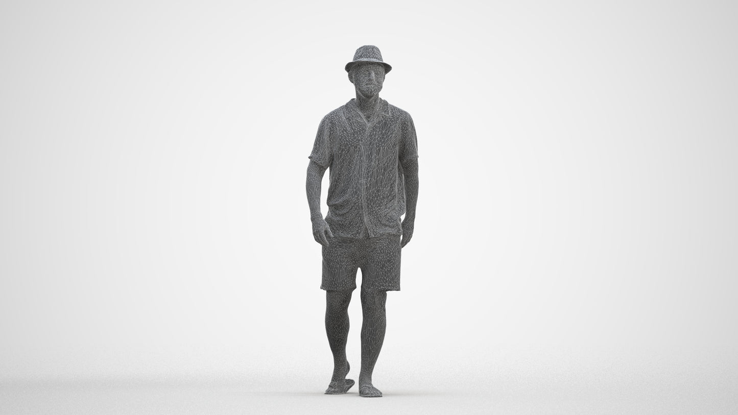 3D human model man walking, photogrammetry scanned person for archviz, three-quarter front view render