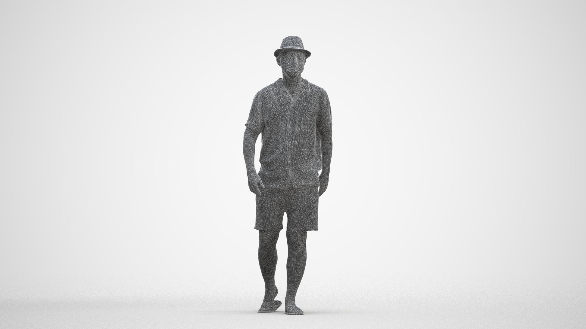3D human model man walking, photogrammetry scanned person for archviz, three-quarter front view render