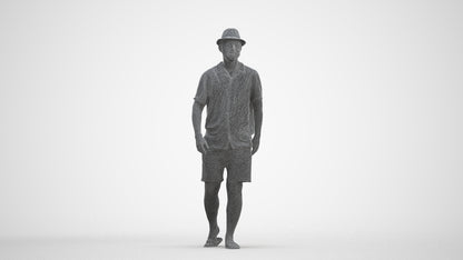 3D human model man walking, photogrammetry scanned person for archviz, three-quarter front view render