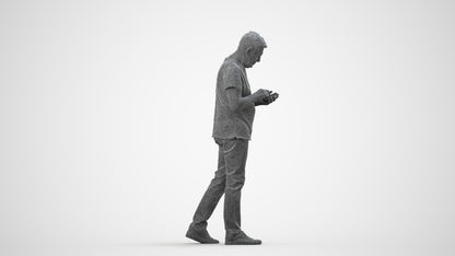 photogrammetry 3D senior man casual walking, realistic human model archviz FBX, wireframe side view