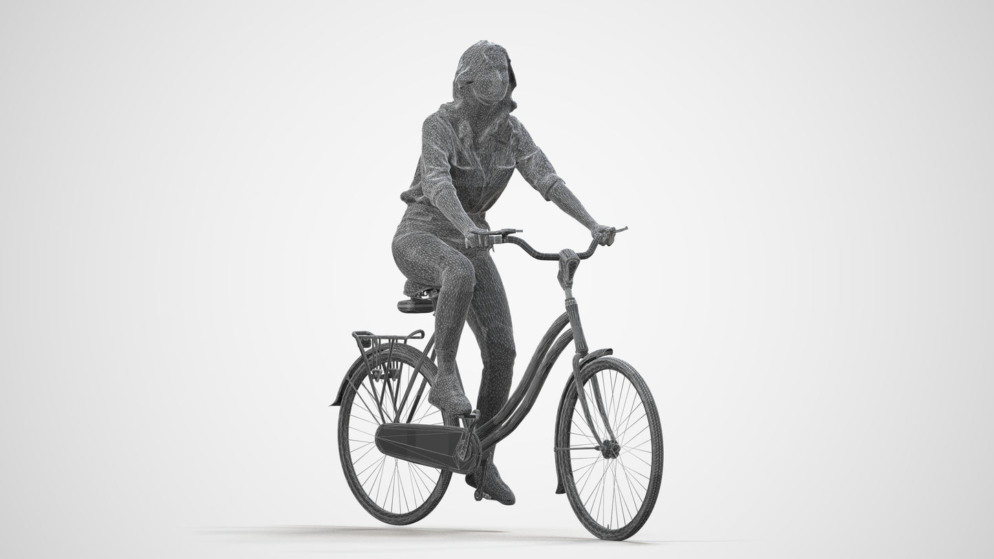 realistic 3D people woman casual cycling, render-ready for V-Ray and Corona, FBX OBJ, wireframe side view