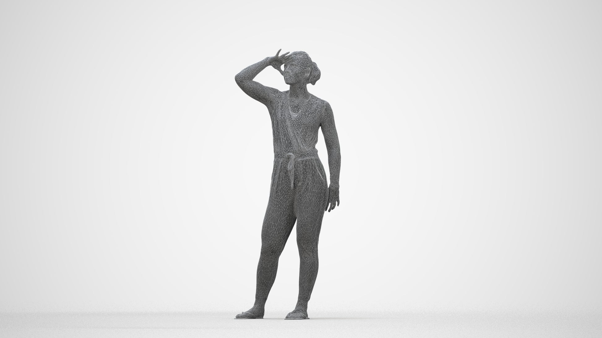 realistic 3D woman casual standing, scanned archviz people for Blender and 3ds Max, wireframe back view