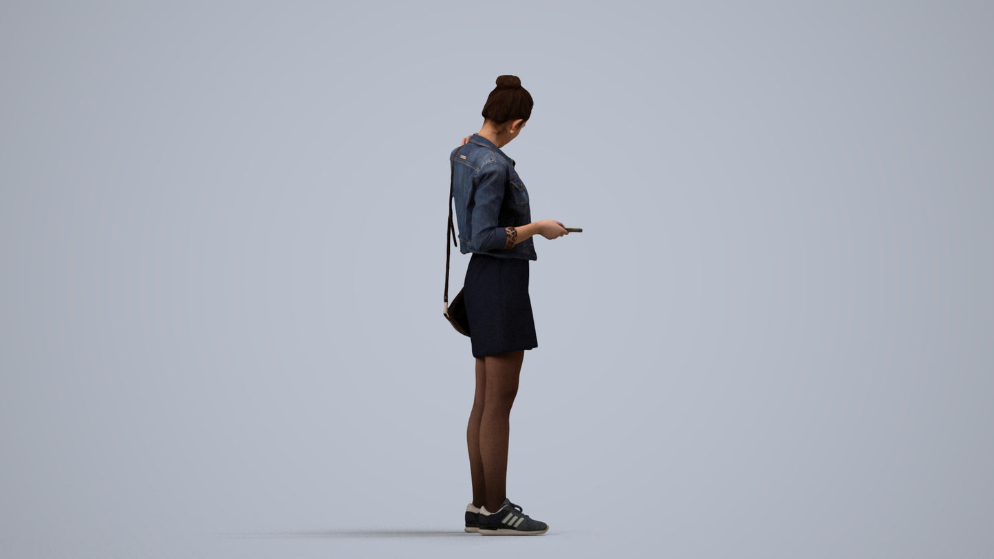 realistic 3D woman casual standing, scanned archviz people for Blender and 3ds Max, side view render