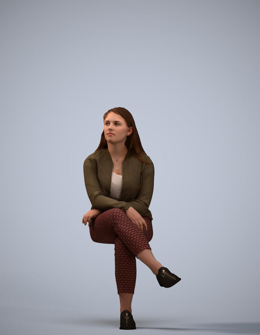 3D human model woman casual sitting, photogrammetry scanned person for archviz