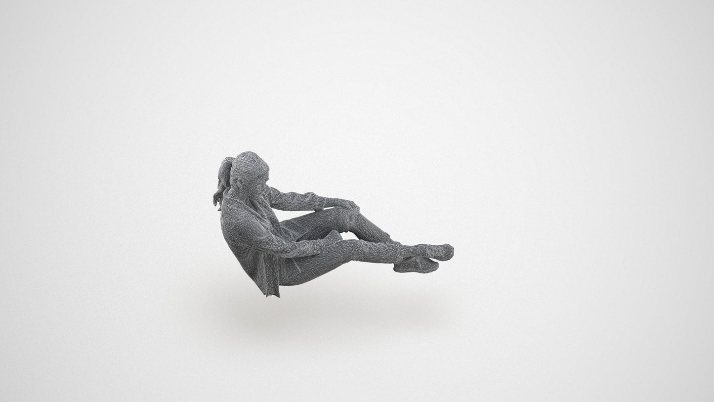 realistic 3D woman casual sitting, scanned archviz people for Blender and 3ds Max, wireframe three-quarter view