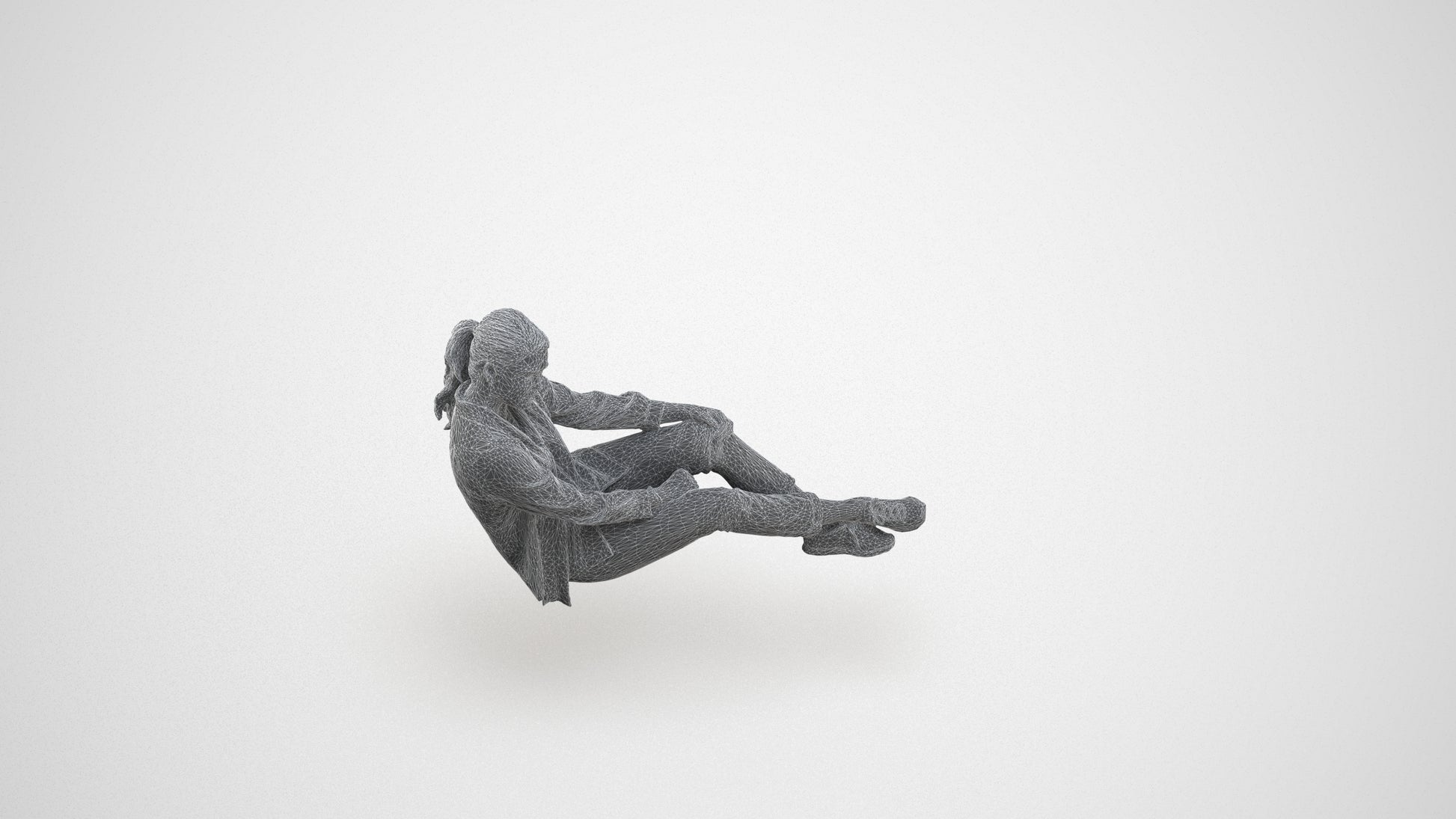 realistic 3D woman casual sitting, scanned archviz people for Blender and 3ds Max, wireframe three-quarter view