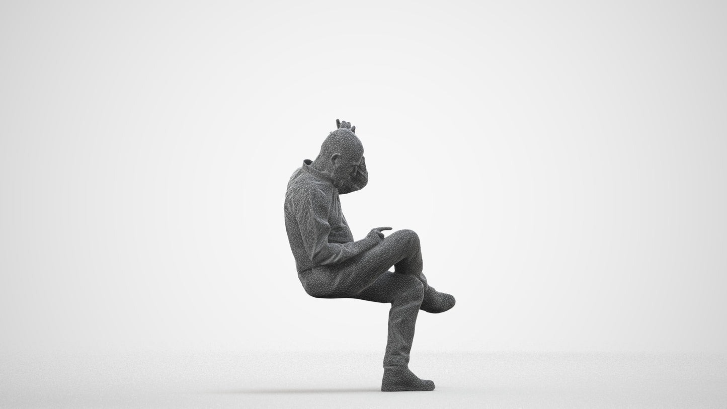 photogrammetry 3D senior man casual sitting, realistic human model archviz FBX, wireframe side view