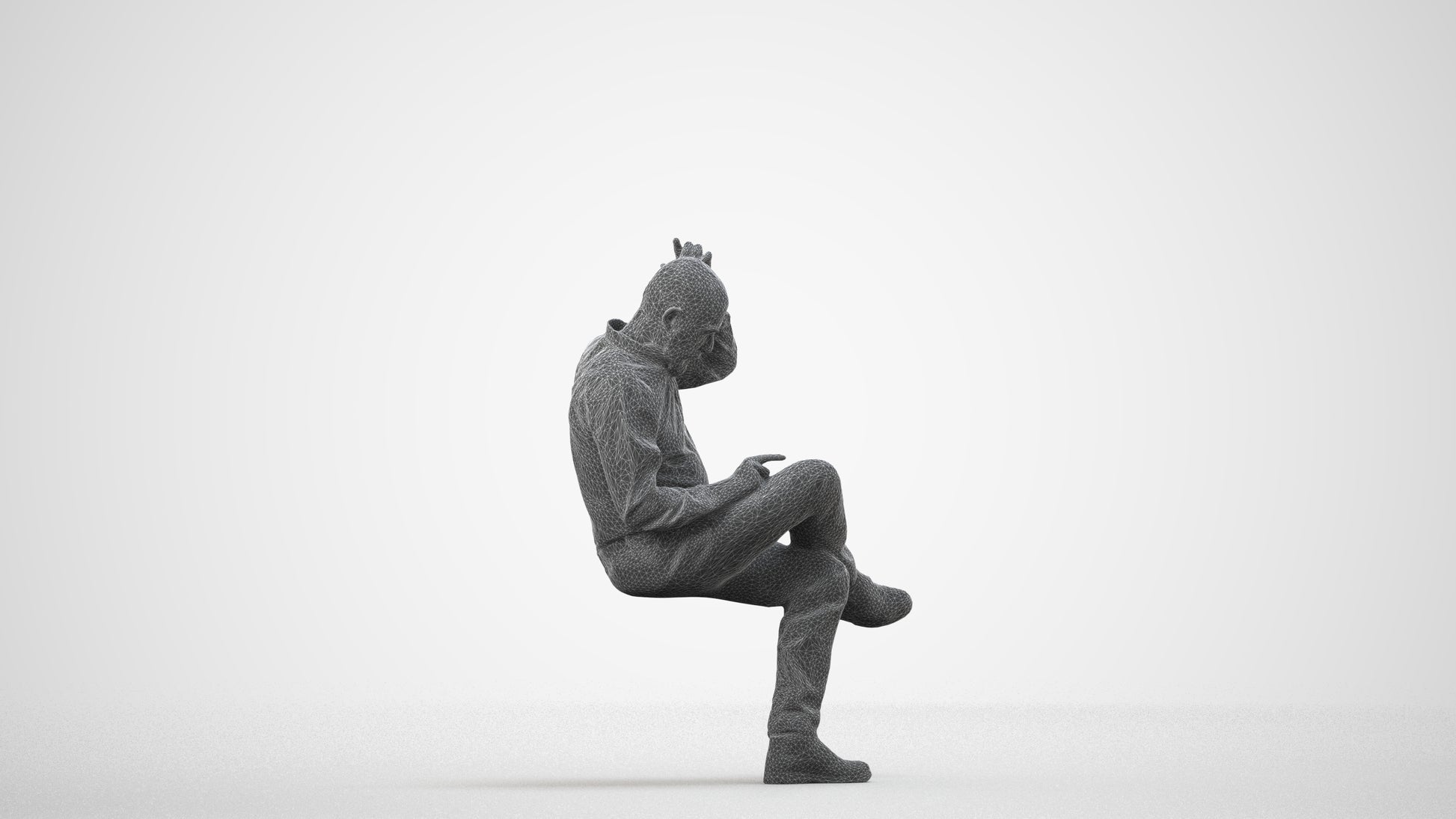 photogrammetry 3D senior man casual sitting, realistic human model archviz FBX, wireframe side view